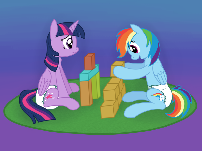 Size: 2000x1500 | Tagged: suggestive, artist:craftycirclepony, derpibooru import, rainbow dash, twilight sparkle, twilight sparkle (alicorn), alicorn, pony, blocks, chest fluff, cute, diaper, diaper fetish, duo, excited, female, fetish, gradient background, happy, holding, hoof hold, image, mare, open mouth, playdate, playing, playtime, png, rug, sitting, smiling, stacking, toy