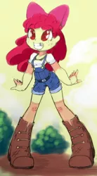 Size: 796x1447 | Tagged: safe, artist:drantyno, artist:shadowhawx95, derpibooru import, apple bloom, equestria girls, boots, bow, clothes, collaboration, female, grin, hair bow, image, jpeg, overalls, shoes, smiling, solo
