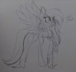 Size: 1855x1756 | Tagged: safe, artist:donnie-moon, derpibooru import, oc, unofficial characters only, pegasus, pony, eyelashes, female, image, jpeg, lineart, mare, pegasus oc, raised hoof, signature, solo, traditional art, wings