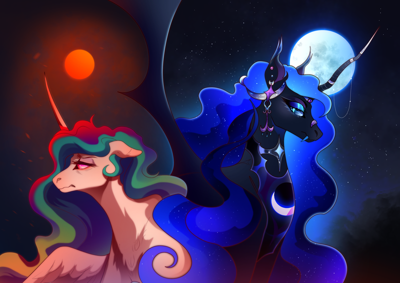 Size: 2500x1769 | Tagged: safe, artist:pumpkabooo, derpibooru import, princess celestia, princess luna, alicorn, ear piercing, earring, eyeshadow, fangs, female, horn, horn jewelry, horn ring, image, implied nightmare moon, jewelry, makeup, moon, peytral, piercing, png, ring, royal sisters, siblings, sisters, story included, sun, the night will last forever