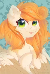 Size: 1366x2048 | Tagged: safe, artist:melloncollie-chan, derpibooru import, oc, unofficial characters only, pegasus, chest fluff, freckles, image, jpeg, looking at you, smiling, solo, spread wings, wings