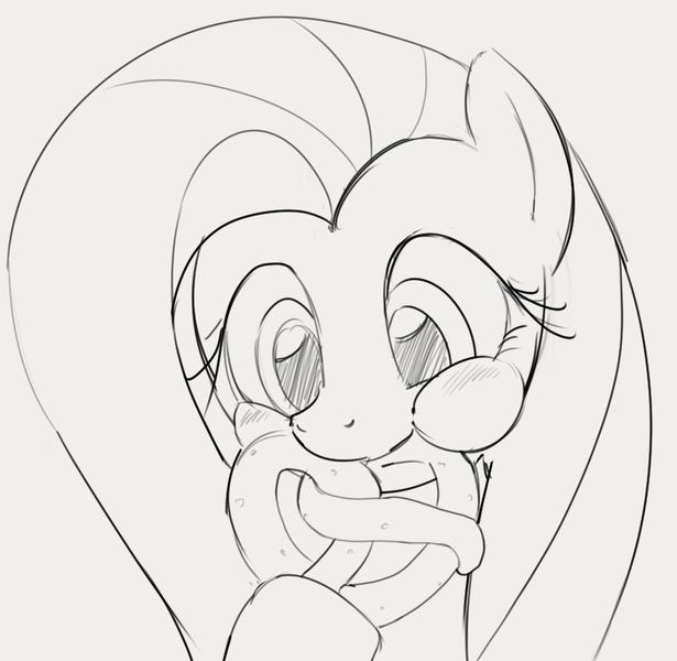 Size: 836x816 | Tagged: safe, artist:dotkwa, derpibooru import, fluttershy, pegasus, pony, aweeg*, blushing, bust, cute, eating, female, food, gray background, grayscale, image, mare, monochrome, png, pretzel, puffy cheeks, shyabetes, simple background, sketch, solo