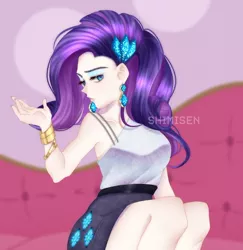 Size: 640x659 | Tagged: safe, artist:shimisen, derpibooru import, rarity, human, bracelet, clothes, couch, ear piercing, earring, female, half shirt, humanized, image, jewelry, jpeg, lidded eyes, piercing, shirt, solo, watermark