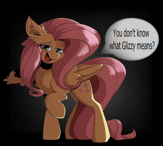 Size: 4000x3569 | Tagged: questionable, artist:arume_lux, artist:witchtaunter, derpibooru import, fluttershy, pegasus, pony, female, glizzy, image, looking at you, mare, png, slang, solo, speech bubble, talking to viewer, taunting