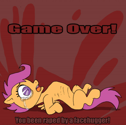 Size: 854x851 | Tagged: semi-grimdark, suggestive, anonymous artist, artist:dontfapgirl, derpibooru import, edit, scootaloo, alien, pegasus, pony, xenomorph, alien (franchise), animated, chestburster, crying, game over, gif, hoers, image, imminent death, lying down, on back, parasite, pregnant, pregnant edit, tears of pain, this will end in death
