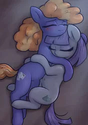 Size: 2110x3000 | Tagged: safe, artist:t72b, derpibooru import, frazzle rock, maud pie, earth pony, pony, blushing, cuddling, eyes closed, female, hug, image, lying down, mare, maudrock, missing accessory, png, side, sleeping, smiling, snuggling