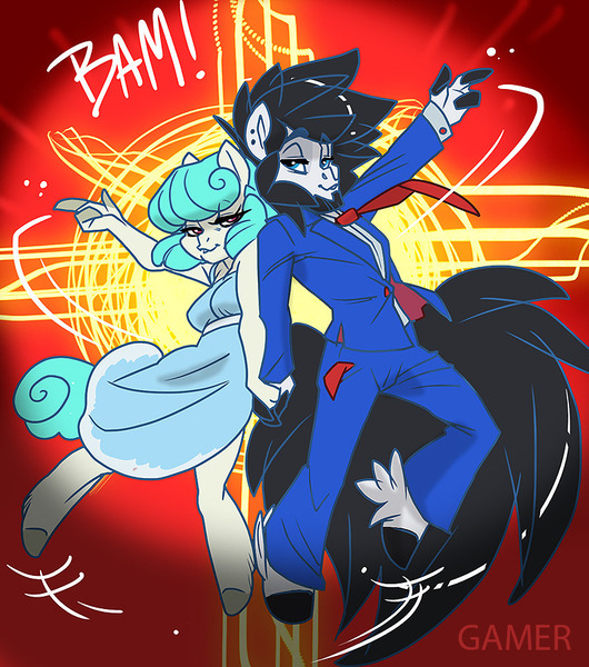 Size: 795x900 | Tagged: safe, artist:thegamercolt, derpibooru import, oc, oc:nurse nimble, oc:thegamercolt, anthro, earth pony, pegasus, unguligrade anthro, artic earth pony, blue suit, clothes, dress, epic background, hyper tail, image, jpeg, prom, prom night, ready for dance, red neck tie, three fingers