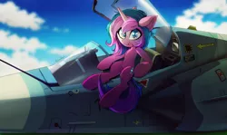 Size: 1280x764 | Tagged: safe, artist:skyeypony, derpibooru import, oc, oc:stellar trace, pony, unicorn, aircraft, cloud, complex background, french, image, jet, jet fighter, jpeg, looking at you, mirage 2000, plane, sitting, solo