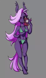 Size: 481x815 | Tagged: suggestive, artist:pixxpal, derpibooru import, oc, oc:lilac night, unofficial characters only, anthro, bat pony, bikini, breasts, clothes, delicious flat chest, device, female, gray background, holding, image, legs, looking at you, phone, png, selfie, sexy, showing off, simple background, solo, swimsuit