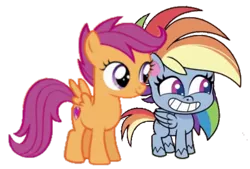 Size: 1788x1208 | Tagged: artist needed, safe, derpibooru import, rainbow dash, scootaloo, pegasus, pony, my little pony: pony life, on your marks, spoiler:pony life s02e20, background removed, bean mouth, calarts, chibi, duo, duo female, female, filly, grin, image, little miss fortune, mare, png, simple background, smiling, transparent background