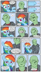 Size: 1000x1750 | Tagged: safe, artist:redruin01, color edit, derpibooru import, edit, editor:maonyman, rainbow dash, oc, oc:anon, human, pegasus, pony, bench, blushing, clothes, colored, comic, cuddling, derpibooru exclusive, dialogue, female, hearth's warming, holding a pony, image, lowres, lying down, male, outdoors, png, sitting, speech bubble
