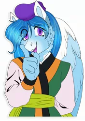 Size: 1898x2702 | Tagged: safe, artist:inisealga, derpibooru import, oc, unofficial characters only, pegasus, pony, clothes, commission, cosplay, costume, female, image, jpeg, mare, pegasus oc, simple background, solo, sticker, tenchi muyo, transparent background, wings