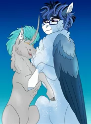 Size: 1474x2000 | Tagged: safe, artist:inisealga, derpibooru import, oc, oc:lunar signal, oc:soaring spirit, unofficial characters only, bat pony, hybrid, pegasus, pony, unicorn, bat pony oc, bat wings, chest fluff, horn, hug, image, jpeg, male, neck fluff, pegasus oc, simple background, stallion, unicorn oc, wings