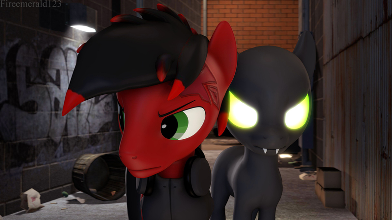 Size: 3840x2160 | Tagged: safe, artist:fireemerald123, derpibooru import, oc, oc:page feather, oc:the voice, unofficial characters only, pegasus, pony, 3d, alleyway, glowing eyes, graffiti, image, jpeg, looking sideways, source filmmaker, void entity, void punk, watermark