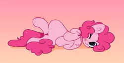 Size: 5023x2557 | Tagged: safe, artist:kittyrosie, derpibooru import, pinkie pie, earth pony, pony, blushing, chest fluff, cute, diapinkes, female, image, looking at you, lying, mare, one eye closed, png, simple background, smiling, smiling at you, solo, tongue out, wink, winking at you