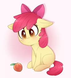 Size: 1560x1700 | Tagged: safe, artist:higgly-chan, derpibooru import, edit, apple bloom, earth pony, pony, adorabloom, blank flank, blushing, cute, female, filly, food, image, peach, png, sitting, solo