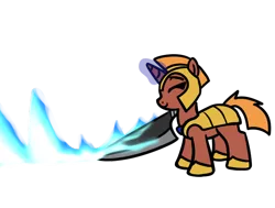 Size: 656x496 | Tagged: safe, artist:neuro, oc, unofficial characters only, pony, unicorn, armor, eyes closed, female, fire, guardsmare, helmet, hoof shoes, horn, image, knife, magic, mare, png, royal guard, simple background, smiling, solo, telekinesis, transparent background, unicorn oc