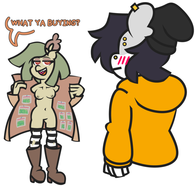 Size: 5751x5481 | Tagged: questionable, artist:threetwotwo32232, derpibooru import, oc, oc:quick mend, oc:spirit guide, anthro, drugs, featureless crotch, female, image, nudity, png