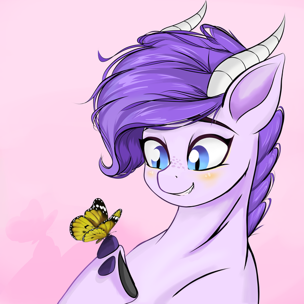 Size: 4096x4096 | Tagged: safe, artist:xxpaw2001xx, derpibooru import, oc, oc:crystal clarity, unofficial characters only, butterfly, dracony, hybrid, insect, kilalaverse, blushing, female, horns, image, interspecies offspring, looking at something, offspring, parent:rarity, parent:spike, parents:sparity, pink background, png, simple background, slit eyes, solo