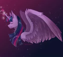 Size: 3000x2700 | Tagged: safe, artist:synubus, derpibooru import, twilight sparkle, twilight sparkle (alicorn), alicorn, pony, eyes closed, female, glowing horn, gradient background, high res, horn, image, jpeg, large wings, mare, profile, solo, wing fluff, wings