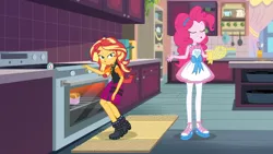 Size: 3410x1920 | Tagged: safe, derpibooru import, screencap, pinkie pie, sunset shimmer, equestria girls, equestria girls series, holidays unwrapped, spoiler:eqg series (season 2), apron, clothes, cutie mark, cutie mark on clothes, eyes closed, female, food, geode of empathy, image, jacket, jewelry, jpeg, leather, leather jacket, magical geodes, necklace, open mouth, saving pinkie's pie, souffle, tanktop