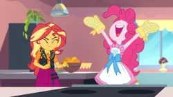 Size: 3410x1920 | Tagged: safe, derpibooru import, screencap, pinkie pie, sunset shimmer, equestria girls, equestria girls series, holidays unwrapped, spoiler:eqg series (season 2), apron, clothes, cutie mark, cutie mark on clothes, eyes closed, female, geode of empathy, image, jacket, jewelry, jpeg, leather, leather jacket, magical geodes, necklace, nose in the air, open mouth, saving pinkie's pie, uvula, volumetric mouth