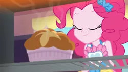 Size: 3410x1920 | Tagged: safe, derpibooru import, screencap, pinkie pie, equestria girls, equestria girls series, holidays unwrapped, spoiler:eqg series (season 2), apron, clothes, eyes closed, female, food, image, jpeg, saving pinkie's pie, smiling, solo, souffle, tanktop