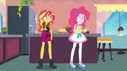 Size: 3410x1920 | Tagged: safe, derpibooru import, screencap, pinkie pie, sunset shimmer, equestria girls, equestria girls series, holidays unwrapped, spoiler:eqg series (season 2), apron, clothes, cutie mark, cutie mark on clothes, female, food, geode of empathy, image, jacket, jewelry, jpeg, leather, leather jacket, lip bite, magical geodes, necklace, saving pinkie's pie, souffle, tanktop