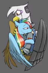 Size: 1023x1558 | Tagged: safe, artist:sinrar, derpibooru import, gilda, rainbow dash, gryphon, pegasus, pony, amputee, artificial wings, augmented, clothes, crying, cyberpunk, gray background, hug, image, jacket, png, prosthetic limb, prosthetic wing, prosthetics, simple background, tears of joy, wings