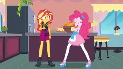 Size: 3410x1920 | Tagged: safe, derpibooru import, screencap, pinkie pie, sunset shimmer, equestria girls, equestria girls series, holidays unwrapped, spoiler:eqg series (season 2), apron, clothes, cutie mark, cutie mark on clothes, eyes closed, female, food, geode of empathy, image, jacket, jewelry, jpeg, leather, leather jacket, magical geodes, necklace, open mouth, saving pinkie's pie, souffle, tanktop