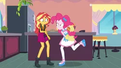 Size: 3410x1920 | Tagged: safe, derpibooru import, screencap, pinkie pie, sunset shimmer, equestria girls, equestria girls series, holidays unwrapped, spoiler:eqg series (season 2), apron, clothes, cutie mark, cutie mark on clothes, female, food, geode of empathy, image, jacket, jewelry, jpeg, leather, leather jacket, magical geodes, necklace, saving pinkie's pie, smiling, souffle, tanktop