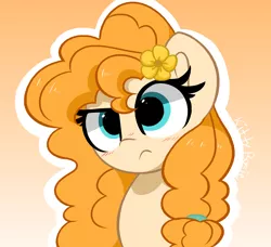 Size: 3970x3616 | Tagged: safe, artist:kittyrosie, derpibooru import, pear butter, earth pony, pony, blushing, confused, cute, female, flower, flower in hair, image, mare, pearabetes, png, simple background, solo
