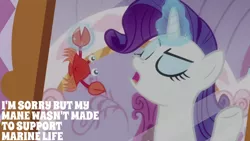 Size: 1280x720 | Tagged: safe, derpibooru import, edit, edited screencap, editor:quoterific, screencap, rarity, crab, pony, unicorn, ppov, season 6, carousel boutique, eyes closed, female, image, jpeg, magic, mare, mirror, open mouth, telekinesis