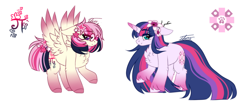 Size: 1411x594 | Tagged: safe, artist:inspiredpixels, derpibooru import, oc, unofficial characters only, pegasus, pony, unicorn, female, floppy ears, image, mare, png, signature, simple background, spread wings, transparent background, wings