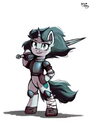 Size: 3000x4000 | Tagged: safe, artist:amy-gamy, derpibooru import, oc, oc:aquaria lance, unofficial characters only, pony, unicorn, armor, bandage, bandaged leg, bipedal, bracer, gauntlet, image, jpeg, knight, looking at you, pauldron, simple background, solo, sword, weapon, white background