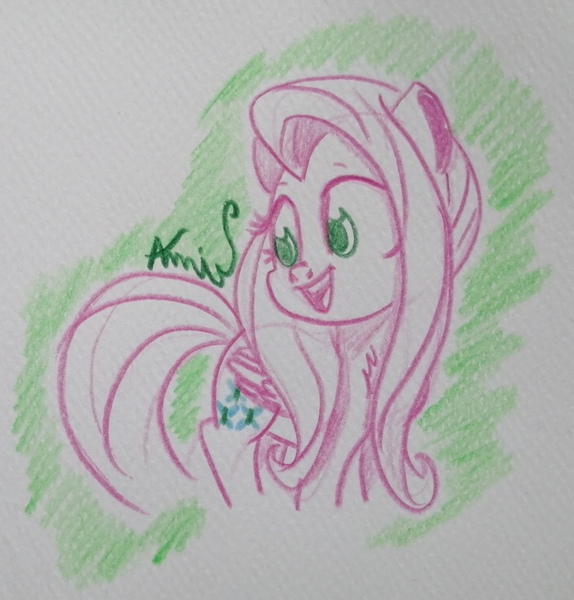 Size: 2514x2627 | Tagged: safe, artist:c.a.m.e.l.l.i.a, derpibooru import, fluttershy, cute, green background, image, jpeg, looking back, simple background, traditional art