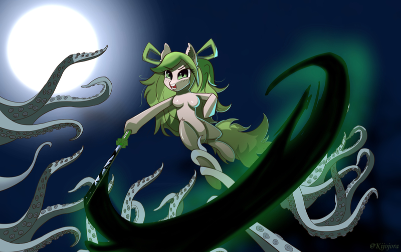 Size: 2440x1536 | Tagged: safe, artist:kijojora, derpibooru import, earth pony, semi-anthro, breasts, image, jpeg, moon, solo, sword, tentacles, weapon