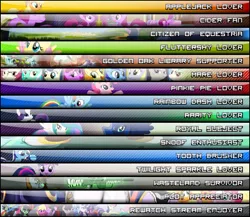 Size: 700x608 | Tagged: safe, anonymous artist, derpibooru import, applejack, fluttershy, pinkie pie, rainbow dash, rarity, twilight sparkle, pony, fallout equestria, caption, cider, design, female, forum banner, golden oaks library, image, image macro, library, mane six, mare, png, ribbon, symbol, text