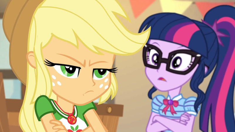 Size: 3410x1920 | Tagged: safe, derpibooru import, screencap, applejack, sci-twi, twilight sparkle, equestria girls, equestria girls series, holidays unwrapped, spoiler:eqg series (season 2), applejack is not amused, applejack's hat, bowtie, clothes, cowboy hat, crossed arms, cutie mark, cutie mark on clothes, female, geode of super strength, geode of telekinesis, glasses, hat, image, jewelry, jpeg, magical geodes, necklace, open mouth, ponytail, the cider louse fools, unamused