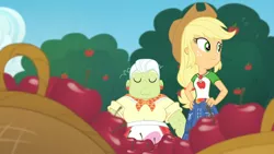 Size: 3410x1920 | Tagged: safe, derpibooru import, screencap, applejack, granny smith, equestria girls, equestria girls series, holidays unwrapped, spoiler:eqg series (season 2), apple, applejack's hat, belt, clothes, cowboy hat, cutie mark, cutie mark on clothes, denim skirt, eyes closed, female, food, geode of super strength, hands on hip, hat, image, jewelry, jpeg, magical geodes, necklace, skirt, smiling, the cider louse fools, tree