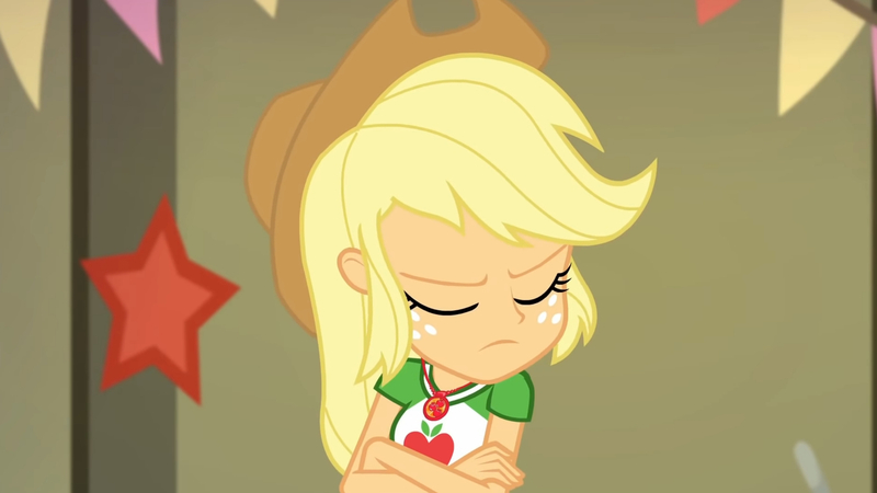 Size: 3410x1920 | Tagged: safe, derpibooru import, screencap, applejack, equestria girls, equestria girls series, holidays unwrapped, spoiler:eqg series (season 2), applejack's hat, clothes, cowboy hat, crossed arms, cutie mark, cutie mark on clothes, eyes closed, female, geode of super strength, hat, image, jewelry, jpeg, magical geodes, necklace, solo, the cider louse fools