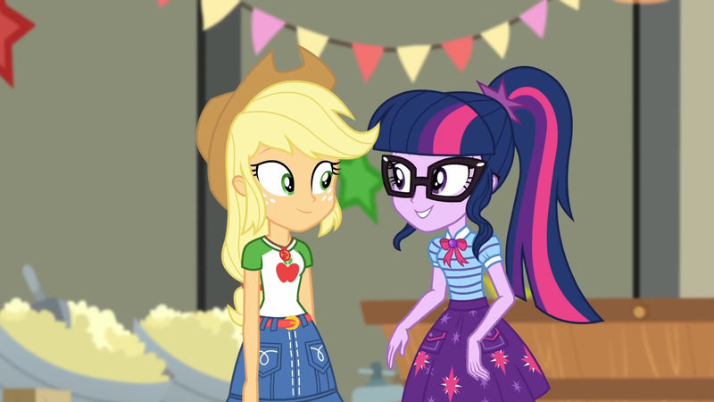 Size: 3410x1920 | Tagged: safe, derpibooru import, screencap, applejack, sci-twi, twilight sparkle, equestria girls, equestria girls series, holidays unwrapped, spoiler:eqg series (season 2), applejack's hat, belt, bowtie, clothes, cowboy hat, cutie mark, cutie mark on clothes, denim skirt, female, geode of super strength, geode of telekinesis, glasses, hat, image, jewelry, jpeg, magical geodes, necklace, ponytail, skirt, smiling, the cider louse fools