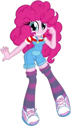Size: 3079x5402 | Tagged: safe, artist:dtavs.exe, artist:shadowhawx95, derpibooru import, pinkie pie, equestria girls, breasts, busty pinkie pie, clothes, colored, grin, happy, image, looking at you, overalls, png, simple background, smiling, socks, solo, striped legwear, thigh highs, transparent background
