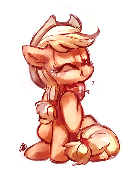 Size: 2100x2700 | Tagged: safe, artist:whitediamonds, derpibooru import, applejack, earth pony, pony, :t, apple, cute, eating, eyes closed, female, food, happy, high res, hoof hold, image, jackabetes, mare, png, simple background, sitting, smiling, solo, that pony sure does love apples, white background