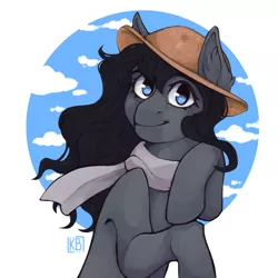 Size: 2048x2048 | Tagged: safe, artist:karamboll, derpibooru import, earth pony, pony, blue eyes, clothes, commission result, ear fluff, female, half body, hat, image, png, scarf, smiling, solo