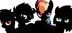 Size: 2350x1074 | Tagged: semi-grimdark, artist:taeko, derpibooru import, rainbow dash, scootaloo, oc, oc:wooden toaster, pegasus, pony, fanfic:pegasus device, fanfic:rainbow factory, absentia, bad end, base used, black shadow, black suit, dyed tail, evil, evil oc, evil rainbow dash, evil scootaloo, eviloo, exaggerated shadow, face not visible, fanfic art, female, females only, green eyes, gritted teeth, image, lidded eyes, looking at you, mare, mares only, multicolored hair, no outlines, no source available, oc villain, older, older scootaloo, pegasus device, pegasus oc, png, purple eyes, quad squad, rainbow factory au, rainbow factory dash, rainbow factory glaze, rainbow factory scootaloo, rainbow factory worker, rainbow factory worker scootaloo, rainbow factory workers, rainbow hair, red eyes, role reversal, rose eyes, simple background, spikey mane, the tables have turned, this will end in death, this will end in pain, this will end in tears, this will end in tears and/or death, unknown pony, what if, white background, wings