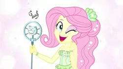 Size: 1280x720 | Tagged: safe, artist:flutteryaylove, derpibooru import, edit, edited screencap, screencap, fluttershy, equestria girls, equestria girls series, so much more to me, image, microphone, png, solo