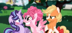 Size: 1244x573 | Tagged: safe, artist:littsandy, derpibooru import, applejack, pinkie pie, starlight glimmer, alicorn, earth pony, pegasus, pony, alicornified, alternate universe, base used, blushing, boop, coat markings, image, noseboop, pegasus pinkie pie, png, race swap, smiling, starlicorn, xk-class end-of-the-world scenario