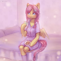 Size: 3000x3000 | Tagged: safe, artist:zefirka, derpibooru import, fluttershy, pegasus, semi-anthro, bed, blushing, braided tail, butterfly hairpin, clothes, cookie, drinking glass, female, food, hair accessory, hoof hold, image, indoors, kneeling, looking at something, open mouth, pajamas, plate, png, sitting, socks, solo, spread wings, three quarter view, winged anthro, wings