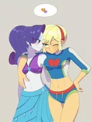 Size: 1620x2160 | Tagged: safe, artist:haibaratomoe, derpibooru import, applejack, rarity, equestria girls, bikini, bikini top, blushing, clothes, female, heart, hug, image, jpeg, lesbian, midriff, one eye closed, rarijack, shipping, skirt, swimsuit, trunks, wink